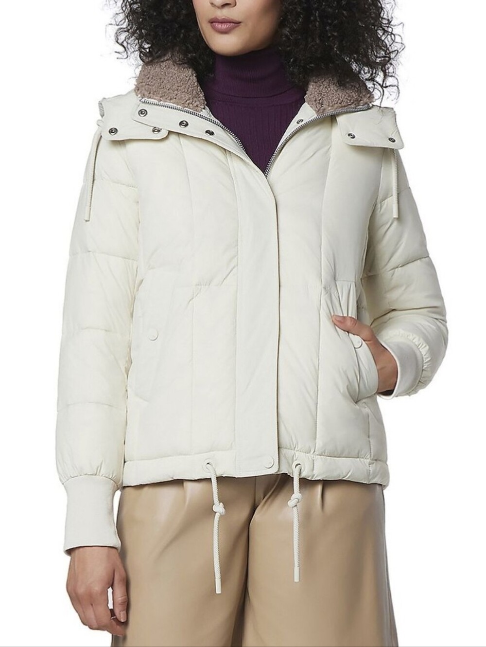 Andrew Marc Off-White Puffer Jacket with Sherpa-Lined Hood Size Medium